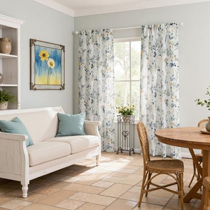 MYSKY HOME Yellow and Blue Sheer Floral Curtains 102 Inch Length 2 Panels - color: A-yellow & Blue, size: 52"W x 102"L (Pack of 2)