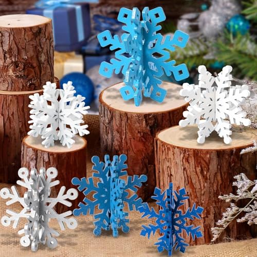 Wooden Snowflake Decorations, 3D Christmas Table Decorations, Set of 6 - color: White Silver Blue, size: 6 set