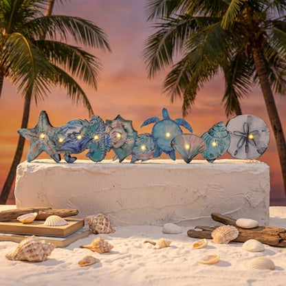 Yousoontic Summer Ocean Table Decorations with LED Lights, 3D Coastal Wooden Centerpieces for Tables, Nautical Starfish Turtles Beach Table Decor for Home Mantel Desk, Summer Party Decorations - style: Ocean