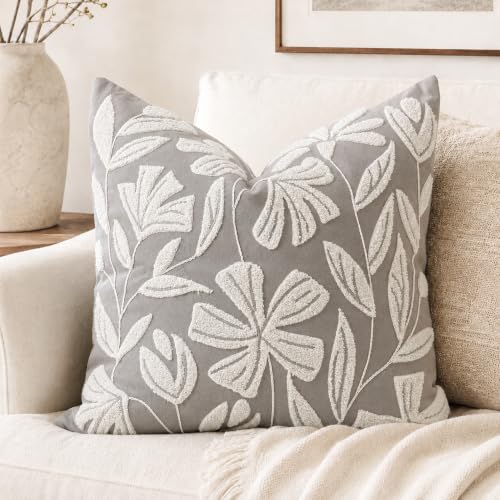 BlissBlush Throw Pillow Cover 20x20 Inch, Light Gray Floral Tufted Velvet Decorative Accent Pillow Case for Sofa Bed Living Room, Cover Only - color: Light Gray, size: 20" x 20" (Pack of 1)