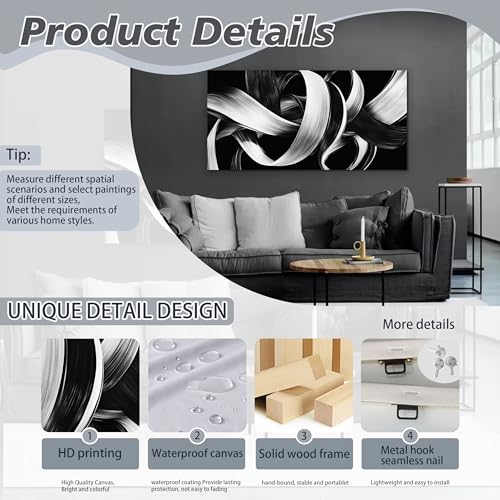 Modern Abstract Wall Art Black and White Curve Line Decor 29"X58" - size: 29"L x 58"W