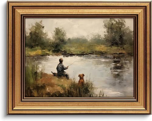 Devunaty Gold Framed Vintage Wall Art Boy Fishing Wall Decor Paintings Funny Dog and Boy Landscape Canvas Print Picture Retro Country Farmhouse Artwork for Kids Bedroom Living Room Decor 9"x11" - color: Boy Fishing, size: 11"L x 9"W