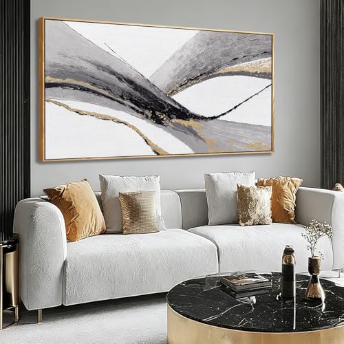 Abstract Wall Art Black White And Gold Painting Line Canvas Wall Decor Framed Artwork Modern Home Decor for Living Room Bedroom Office 24"x48" - color: White and Gold, size: 48"L x 24"W