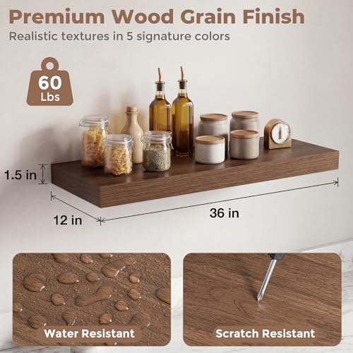 Venusmiles 12 inch Deep Floating Shelves for Wall, 36" Wide, Walnut, 2-Pack - color: Walnut Finish, size: 36"w x 12"d, 2p