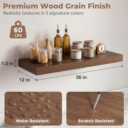 Venusmiles 12 inch Deep Floating Shelves for Wall, 36" Wide, Walnut, 2-Pack - color: Walnut Finish, size: 36"w x 12"d, 2p