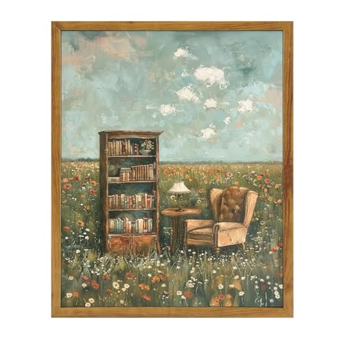 KBKBART Framed Reading Wall Art Whimsical Book Lover Canvas Painting 8x10in - color: Bookshelf, size: 10"L x 8"W