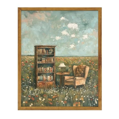 KBKBART Whimsical Book Lover Wall Art, Impressionist Flower Field Painting - color: Bookshelf, size: 16"L x 12"W