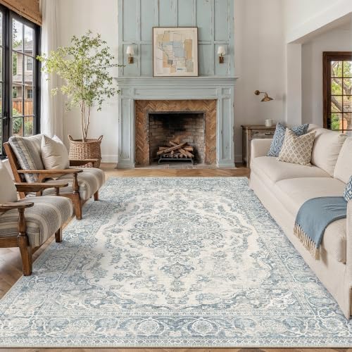 PureCozy Blue 9x12 Area Rug Washable Vintage Distressed - color: Accent | Blue, size: 9' x 12' (Rectangular)