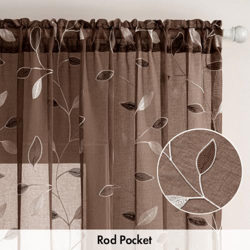 MIULEE Chocolate Brown Sheer Curtains 2 Panels Leaf Patterned, W52 x L84 - color: Chocolate Brown, size: 52"W x 84"L (Pack of 2)