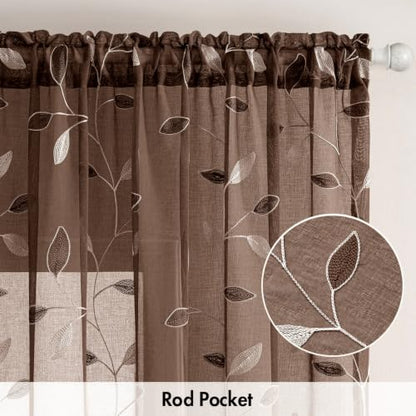 MIULEE Chocolate Brown Sheer Curtains 2 Panels Leaf Patterned, W52 x L84 - color: Chocolate Brown, size: 52"W x 84"L (Pack of 2)