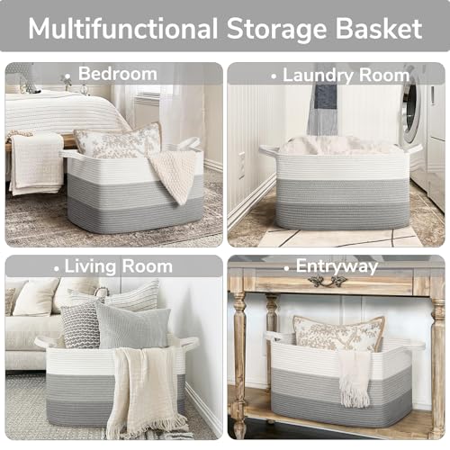 Goodpick Large Woven Rope Blanket Basket, Rectangle, Light Gray - color: Light Grey, size: Large(21.6"L x 14.9"W x 11.8"H)