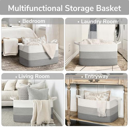 Goodpick Large Woven Rope Blanket Basket, Rectangle, Light Gray - color: Light Grey, size: Large(21.6"L x 14.9"W x 11.8"H)