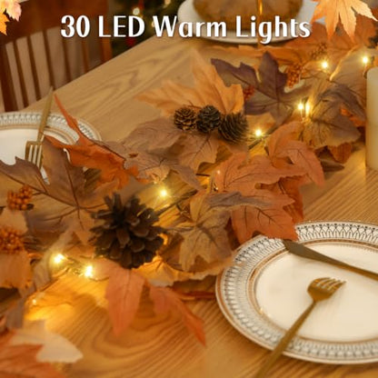 6 Ft Fall Garland with Lights & Timer, Thanksgiving Fireplace Mantel Decor - size: 6 Ft