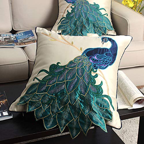 vctops Embroidered Peacock Decorative Throw Pillow Case Silky Satin Cushion Cover Peacock 2 18"X18" - color: Peacock 2, size: 18" x 18" (Pack of 1)