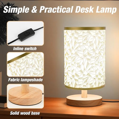 Desk Lamp LED Bulb Included, Small Bedside Table Lamp Plug-in - Classic Wood Base with Flaxen Fabric Shade, Lamps for Night Stands, Simple Nightstand Light for Bedroom, Office, Desk - color: Rose Gold