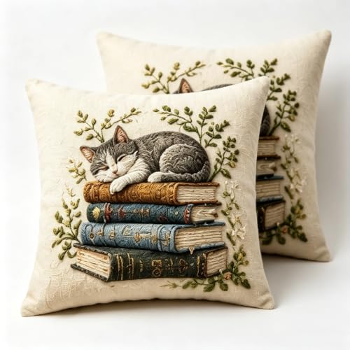 2D Flat Sleeping Cat on Books Linen Throw Pillow Covers 18x18 Set of 2 - color: A20022, size: 18" x 18" (Pack of 2)
