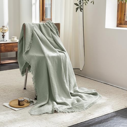 FOSSA Muslin Blanket 4-Layer 100% Cotton Gauze Blanket with Fringe 50"x70" - color: Sage Green, size: Throw XL (50" × 70")