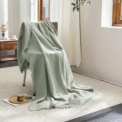 FOSSA Muslin Blanket 4-Layer 100% Cotton Gauze Blanket with Fringe 50"x70" - color: Sage Green, size: Throw XL (50" × 70")