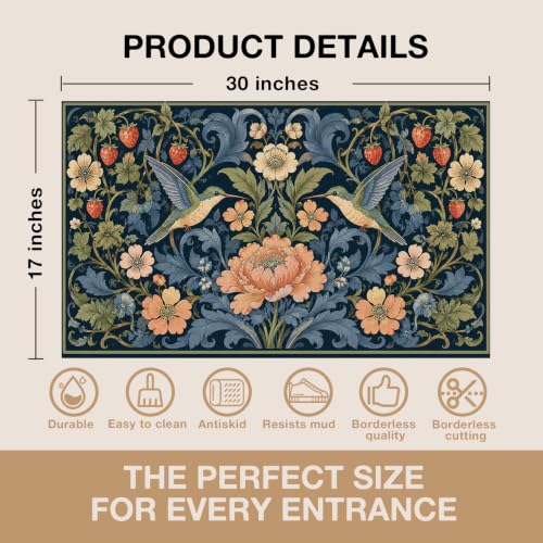 Boho Bird Floral Faux Coco Coir Doormat Door Mat 17x30 Inch - color: Blue Bird