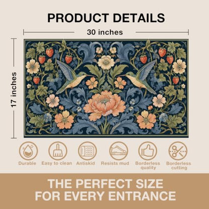 Boho Bird Floral Faux Coco Coir Doormat Door Mat 17x30 Inch - color: Blue Bird