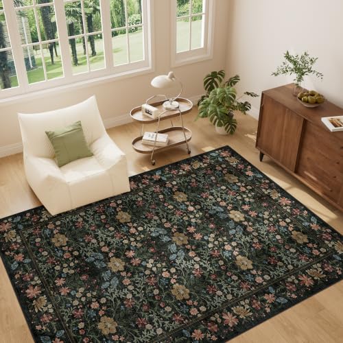 DUKINO 5x7 Area Rugs, Vintage Floral Washable Rug for Living Room, Black - color: Black, size: 5' x 7' (Rectangular)