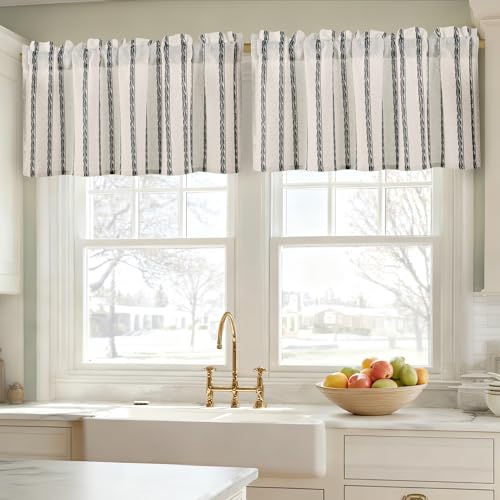 JIUZHEN 42x18 Inch Kitchen Valance - Thick Textured Linen Striped Window Valance Curtain with 3" Rod Pocket, Wheat Stripe Grey (1 Panel) - color: Wheat Stripe Grey, size: 42"W x 18"L (Pack of 1)
