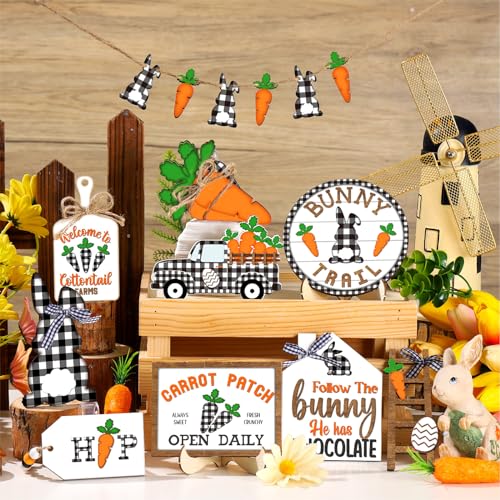 Marsui Easter Tiered Tray Decor Happy Easter Tiered Tray Ornament Rustic Farmhouse Spring Sign Bunny Truck Gnome Egg Wooden Sign for Home Table Decor(Plaid) - style: Plaid