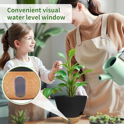 12/10/9/8 inch Self Watering Pots with Visual Water Window, Extra Large Self Watering Plant Pot with Drainage Holes and Saucers, Black Flower Pots for Indoor Plants - color: Black