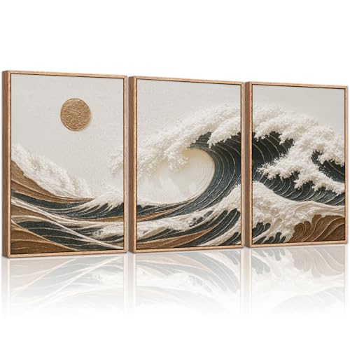 HLNIUC Sea Wave Framed Canvas Wall Art,Abstract Sun Seascape Wall Decor Set of 3(16”x24”) Large Modern Ocean Beach Art Print,Great Wave Sunset Pictures Canvas Painting for Living Room,Bedroom - color: Sea Wave, size: 16"L x 24"W