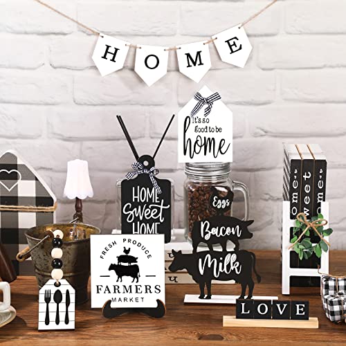 Fairysandy 11 Pcs Home Tiered Tray Decor Black White Rustic Wooden Signs - style: Rustic