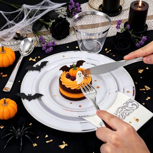 WELLIFE 700 Pieces Silver Plastic Dinnerware Set for 100 Guests - Includes Plates, Cups, Napkins, and Disposable Cutlery - Elegant White & Silver Design, Perfect for Parties and Events - color: Silver, style: 700PCS（100Guests）