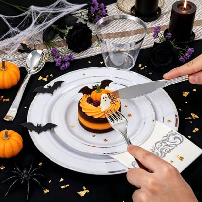 WELLIFE 700 Pieces Silver Plastic Dinnerware Set for 100 Guests - Includes Plates, Cups, Napkins, and Disposable Cutlery - Elegant White & Silver Design, Perfect for Parties and Events - color: Silver, style: 700PCS（100Guests）