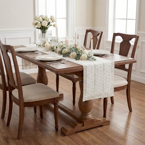 Boho Macrame Table Runner with Tassels 72in White Farmhouse Runner - color: White, size: 12'' x 72''