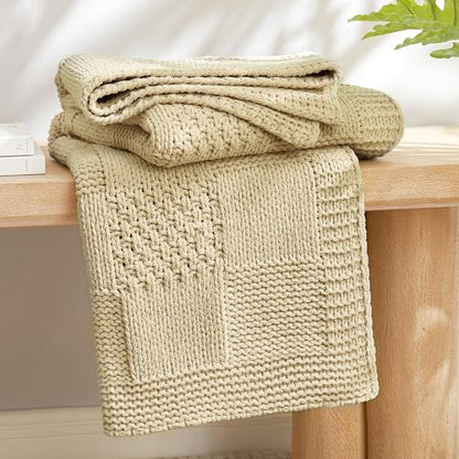 Amélie Home Checkered Chenille Knit Throw Blanket for Couch, Beige, 50"x60" - color: Checkered Beige, size: Checkered Knit 50"x60"