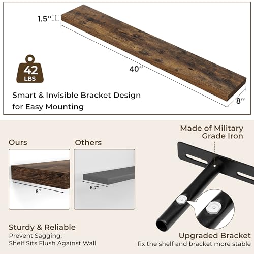 RICHFOCUS Long Floating Shelves for Wall 1Pack|Rustic Brown|40" Lx8 D - color: Rustic Brown, size: 39.4"L x 8"D, Set of 1