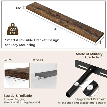 RICHFOCUS Long Floating Shelves for Wall 1Pack|Rustic Brown|40" Lx8 D - color: Rustic Brown, size: 39.4"L x 8"D, Set of 1