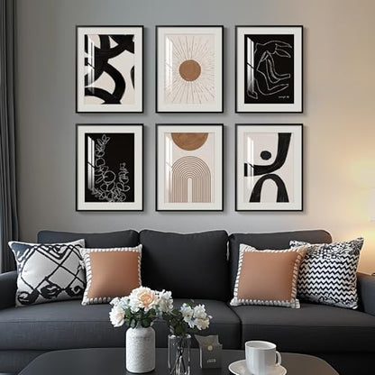 Framed Boho Black and White Brown Modern Abstract Wall Art for Living Room - color: Boho Style