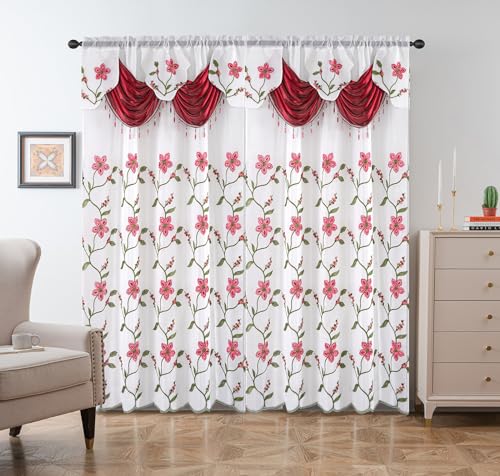 Petrichor Embroidered Sheer Curtain 2 Panels Set - Luxury Window Curtain Attached Valance with Satin Backing and 2 Tie Backs for Living Room,Dining Room, 54x63 inches, Burgundy - color: Burgundy, size: 54"W x 63"L (Pack of 1)