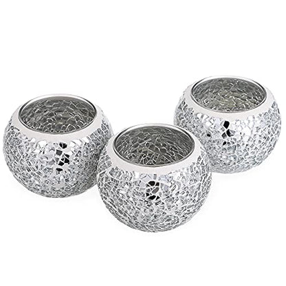 OwnMy 3PCS Mosaic Glass Tea Light Holders Round Bowl Votive Candle Holders - color: Silver