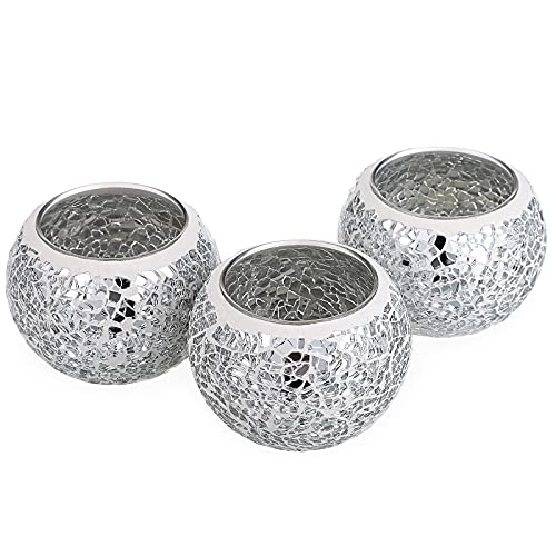 OwnMy 3PCS Mosaic Glass Tea Light Holders Round Bowl Votive Candle Holders - color: Silver