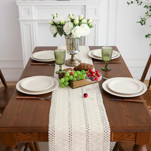 Simple&Opulence Boho Macrame 100% Cotton Table Runner - 12 x 60 Inch, Woven Farmhouse Table Runner with Fringed Edges for Bohemian Rustic Wedding, Bridal Shower, Dinner （White） - size: 12"x60", style: Cotton /white
