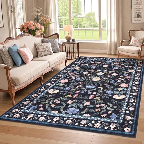 GarveeHome Washable Floral Area Rug 6x9 Low Pile Nursery Dark Grey Blue - color: Dark Grey Blue, size: 6' x 9' (Rectangular)