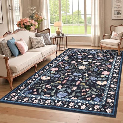 GarveeHome Washable Floral Area Rug 6x9 Low Pile Nursery Dark Grey Blue - color: Dark Grey Blue, size: 6' x 9' (Rectangular)