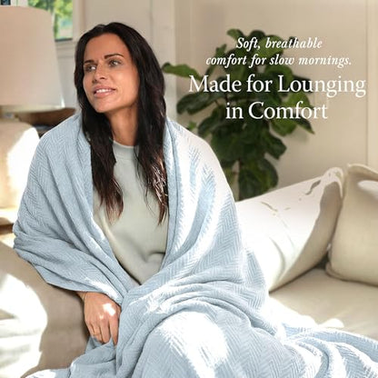 Threadmill Luxury 100% Cotton Twin Herringbone Blanket, Light Blue - color: Light Blue, size: Twin (68" x 92")