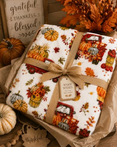 Fall Soft Fleece Throw Blanket, Harvest Pumpkins & Truck, 50" x 60" - color: Farm Truck