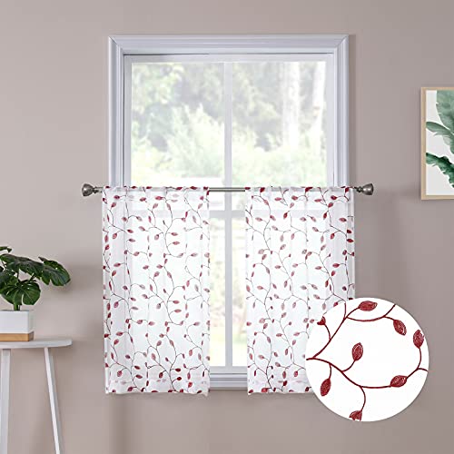 Tollpiz Leaves Sheer Tier Curtain Burgundy Red Leaf Embroidery Kitchen Half Curtains Rod Pocket Voile Faux Linen Embroidered Leaves Curtain for Bathroom, 30 x 36 inches Long, Set of 2 Panels - color: Burgundy Red, size: 30"W x 36"L (Pack of 2)