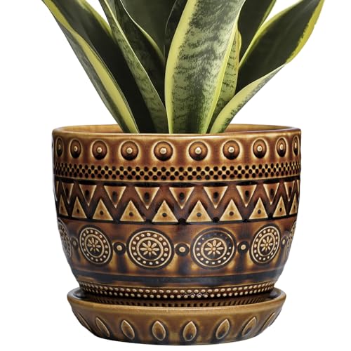 G EPGardening Ceramic Pot for Plants 5.5 Inch - Ceramic Plant Pot with Drainage Hole and Saucer, Boho Round Planter for Indoor Outdoor Plants, Plant Lover Gifts, Office Garden House Decor, Brown - color: Triangle Brown