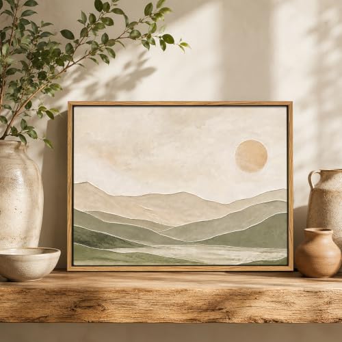 SPIGETO Framed Sage Green Abstract Landscape Mountain Sun Wall Art, 16x12 - color: SUN, size: 16"L x 12"W
