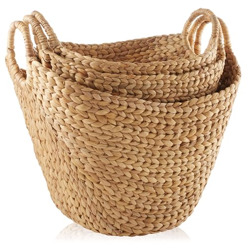 Casafield Set of 3 Multipurpose Boat Baskets with Handles - Natural, Woven Water Hyacinth Storage Organizers for Throw Blankets, Bedroom, Laundry