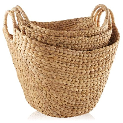 Casafield Set of 3 Multipurpose Boat Baskets with Handles - Natural, Woven Water Hyacinth Storage Organizers for Throw Blankets, Bedroom, Laundry